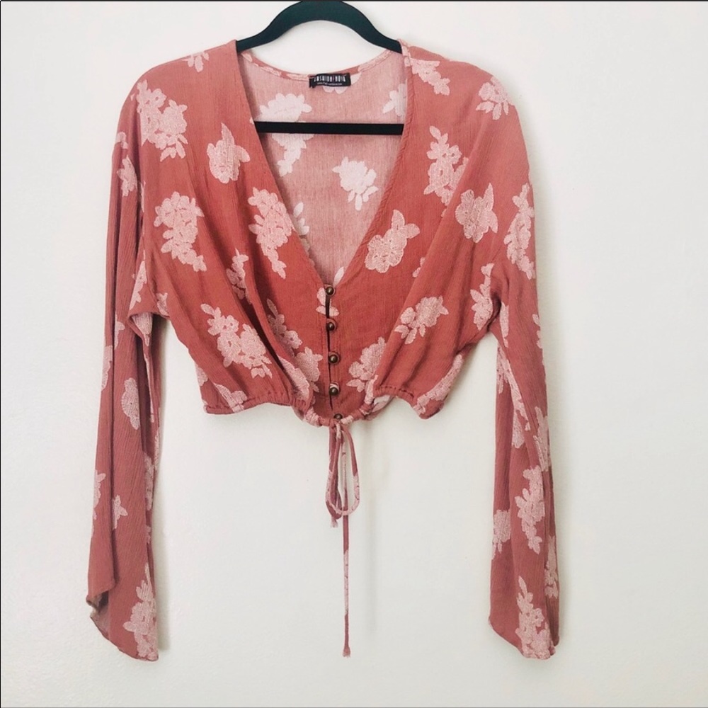 Blush pink floral crop top with bell sleeves!